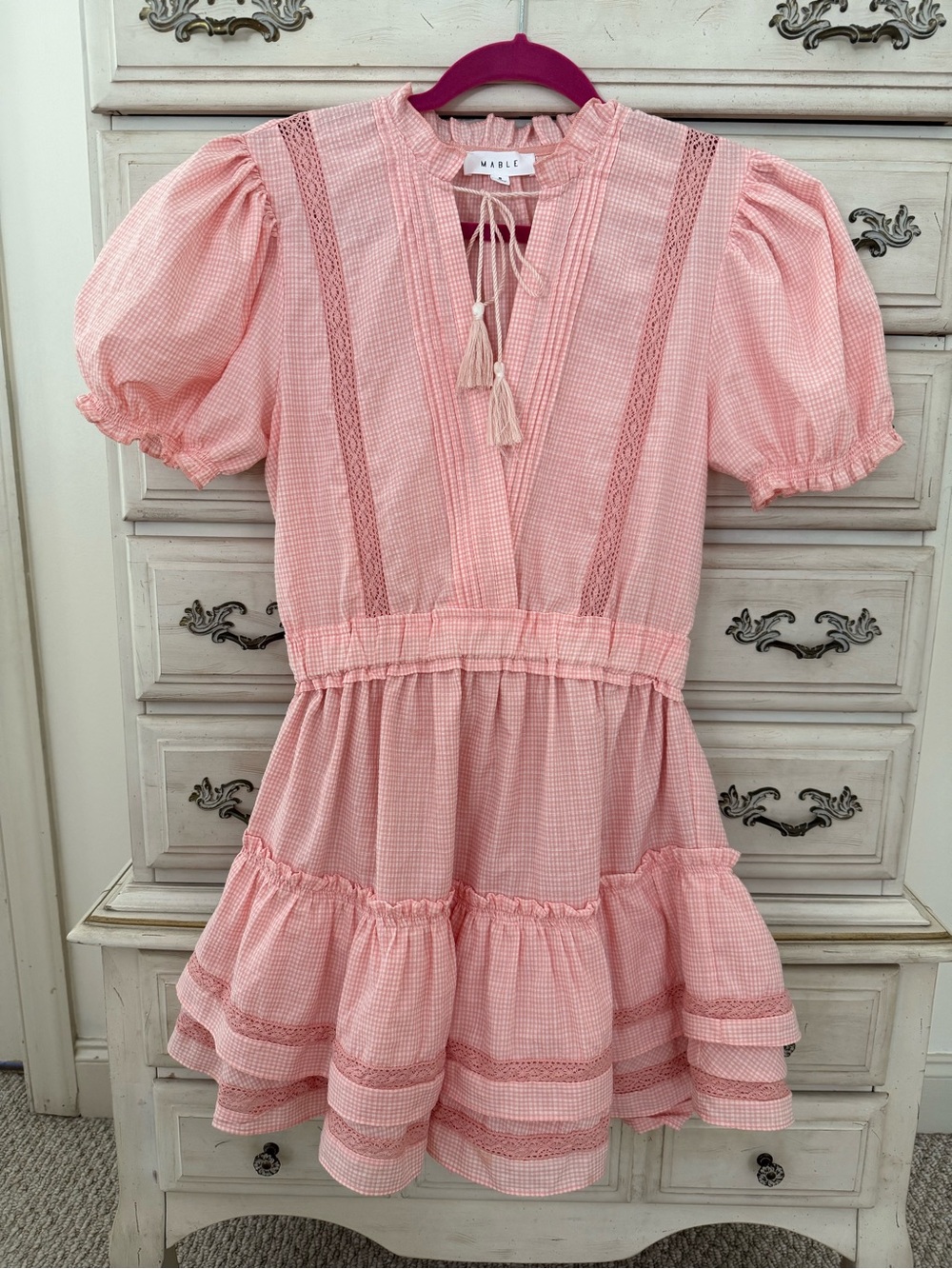 Pink Ruffle Tiered Romantic Mini Dress with Puff Sleeves Size Small - Picture 2 of 7